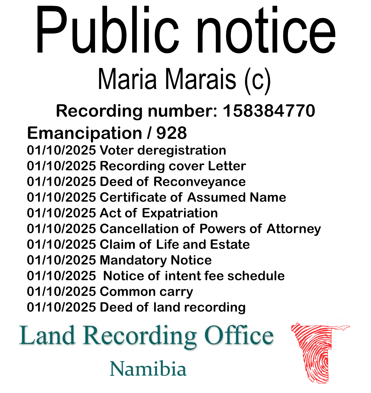 Public notice Maria Marais Recording number 158384770